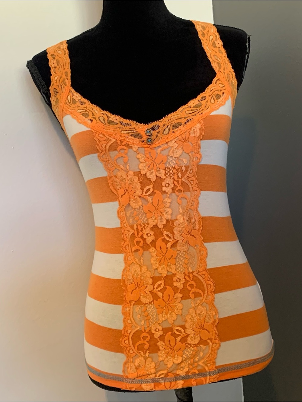 Rewind Orange and White Striped Lace Front Tank